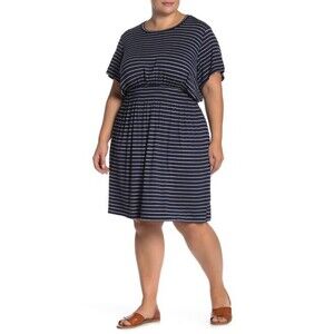 Bobeau Plus Size Smocked Waist Dress Striped Blue/Grey plus size 2X $119
